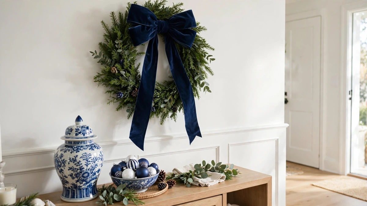 Entryway console with a blue and white ginger jar, a green wreath with a navy bow and a bowl of ornaments