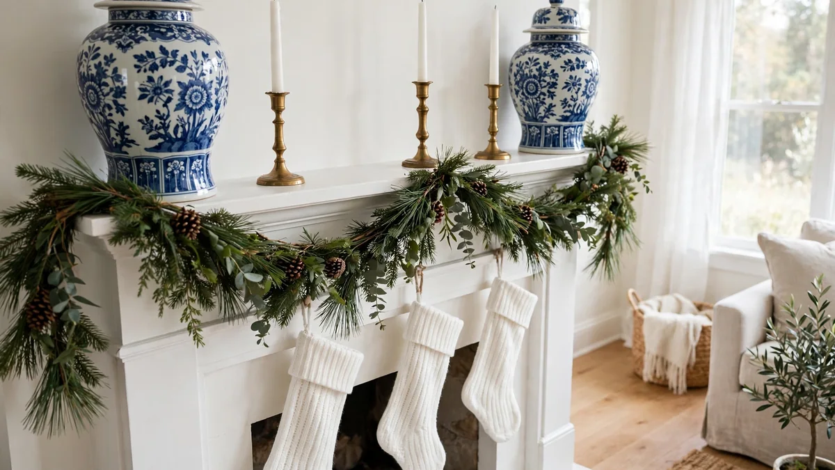 White mantel with blue and white ginger jars, pine garland, white stockings and brass candlesticks