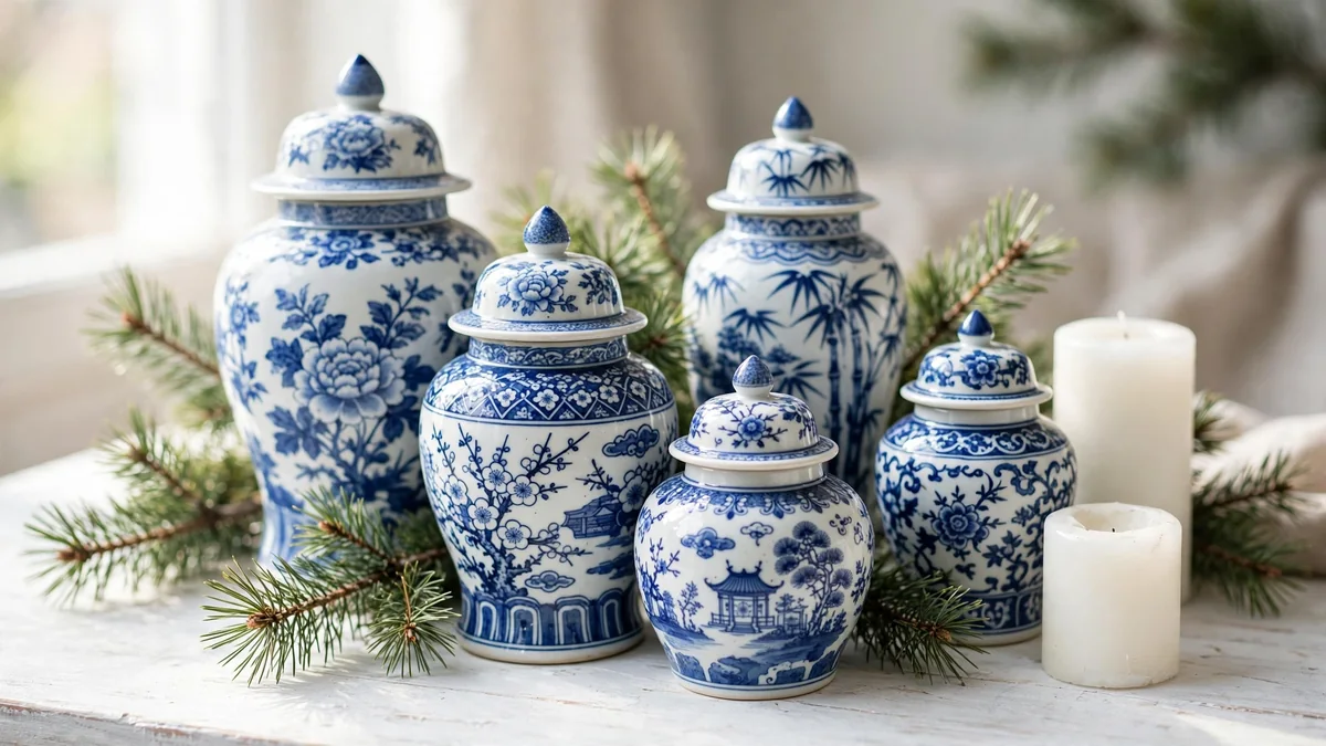 Collection of blue and white chinoiserie ginger jars in different sizes with pine sprigs and white candles