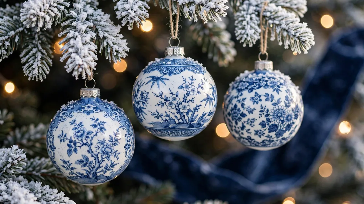 Close-up of blue and white porcelain ball ornaments with chinoiserie patterns hanging on snowy branches