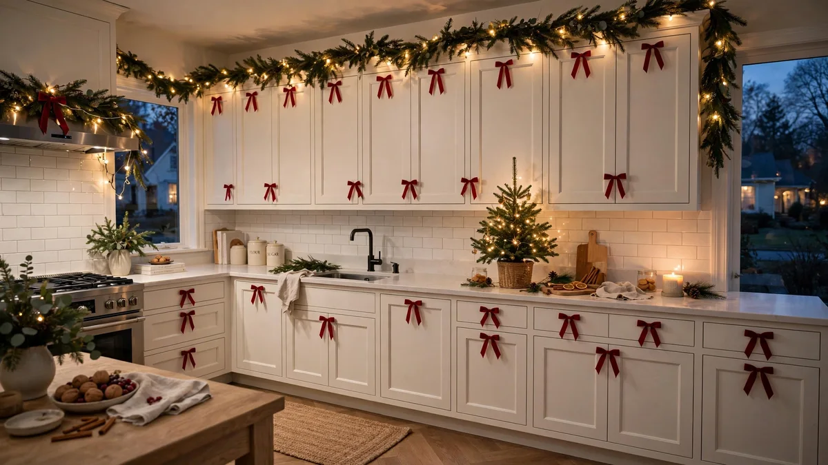 Whole cozy kitchen at christmas with red ribbon bows on every cabinet door, garland and warm lights