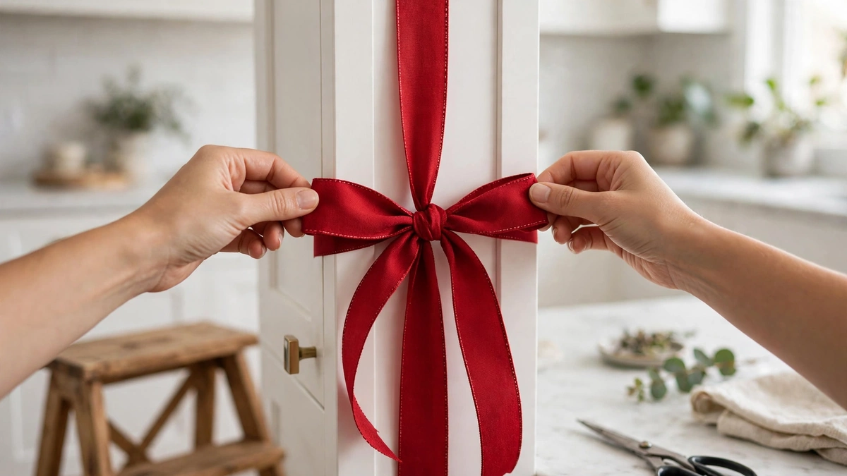 Hands tying a wide red wired ribbon bow on a white kitchen cabinet door with the ribbon looped around it