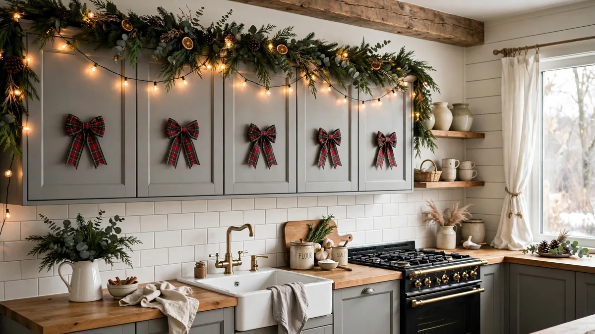 Grey kitchen cabinets with plaid tartan christmas bows and garland with warm lights above the cabinets