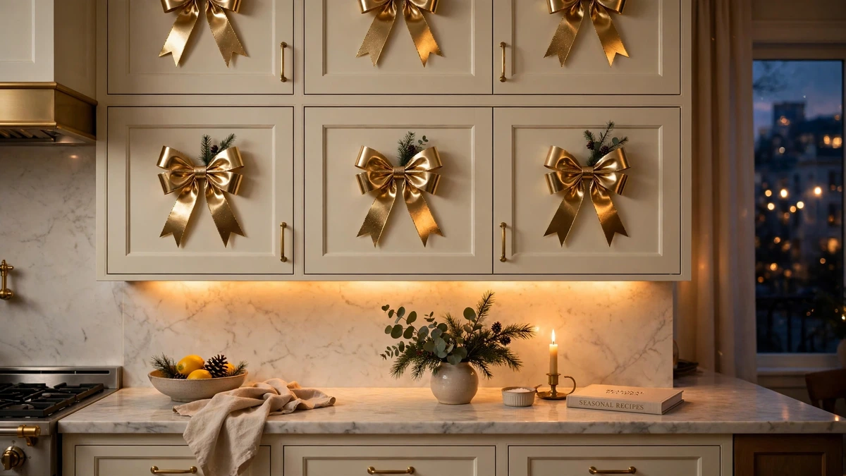 Cream kitchen cabinets with gold metallic christmas bows glowing under warm cabinet lighting