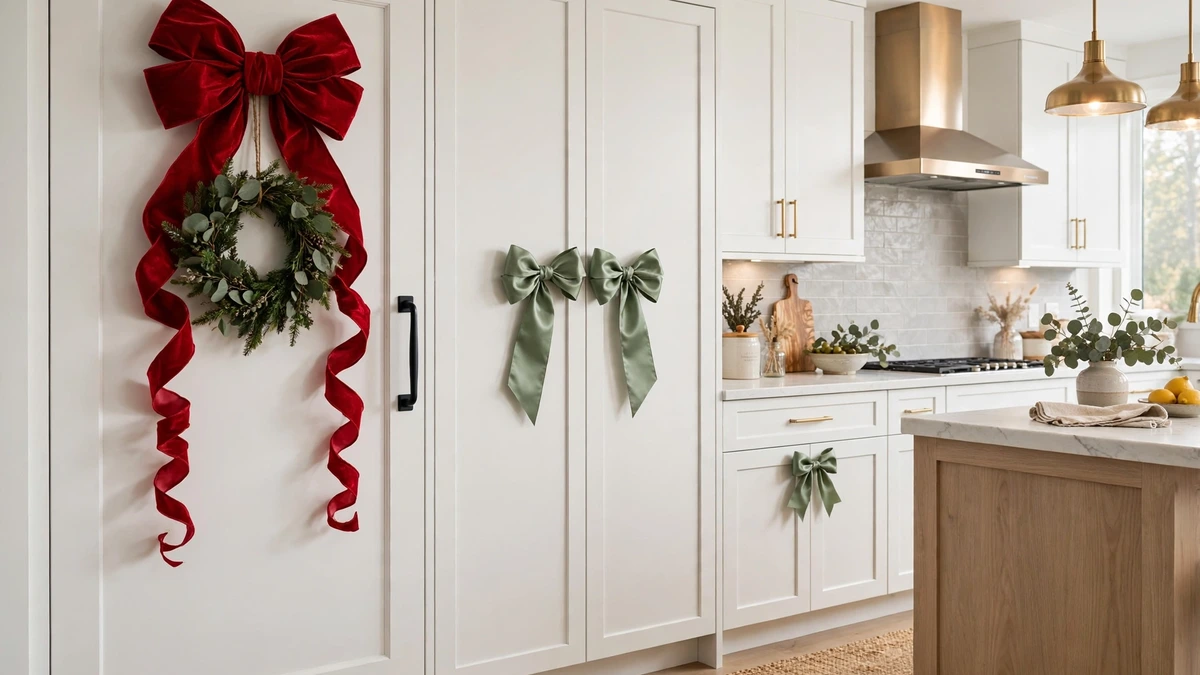 Pantry door with a large christmas bow and small wreath, sage green bows on the cabinet doors beside it
