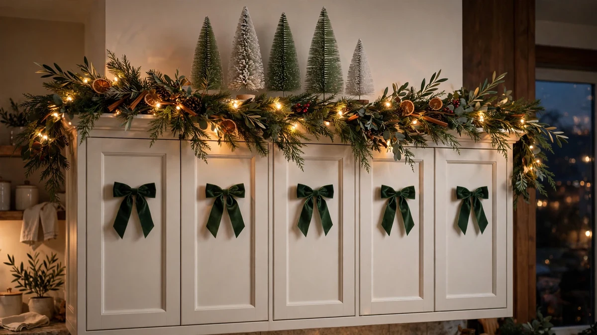 Pine garland, warm string lights and bottle brush trees decorating the top of kitchen cabinets with bows below