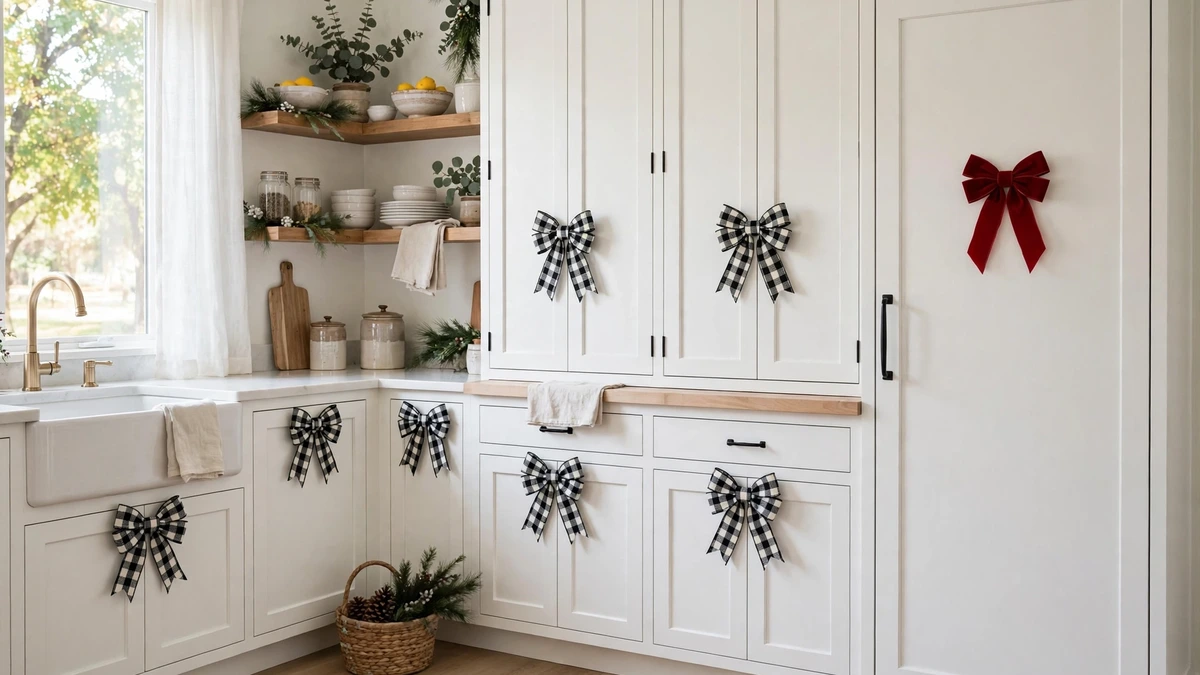 White farmhouse kitchen cabinets with buffalo check christmas bows and one red accent bow