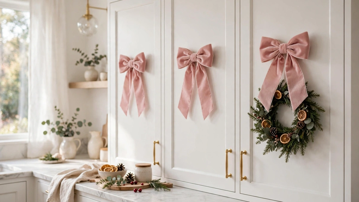 Pink velvet christmas bows on white kitchen cabinet doors with gold handles and a small wreath