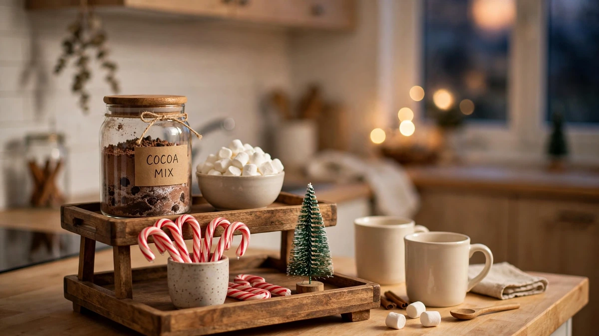 Hot cocoa bar ideas for small spaces on a two-tier wooden tray with cocoa jar, marshmallows and cream mugs in a small kitchen