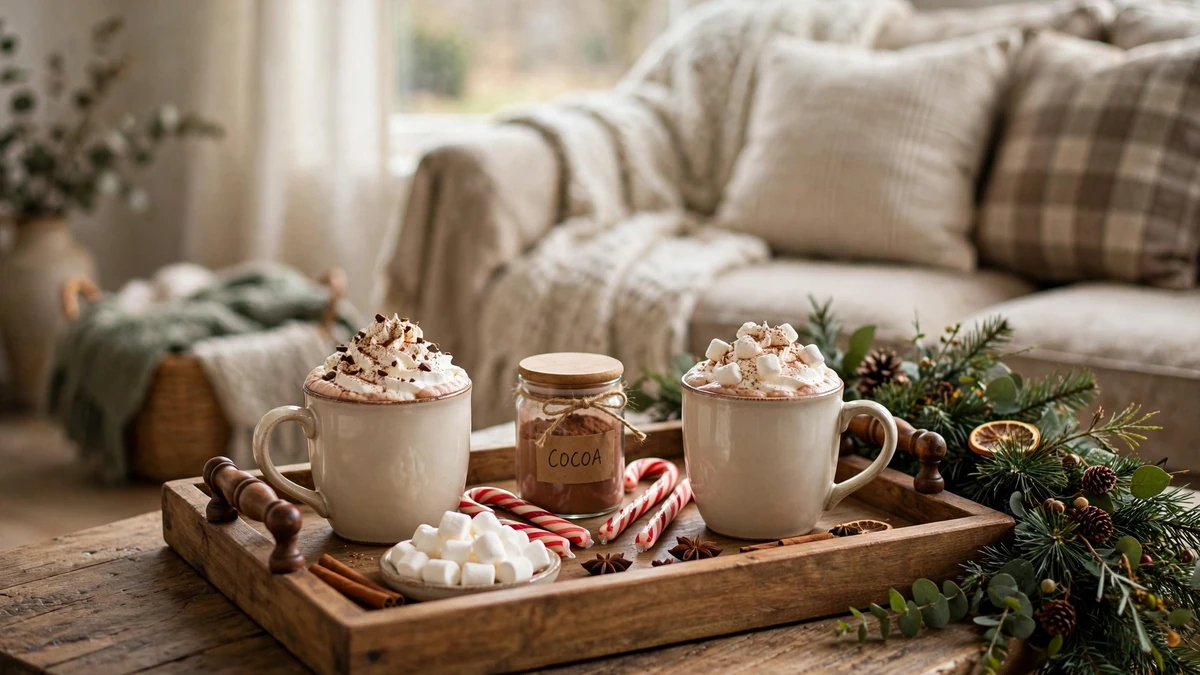 Wooden handled tray hot cocoa bar with two mugs of hot chocolate, cocoa jar and candy canes on a coffee table