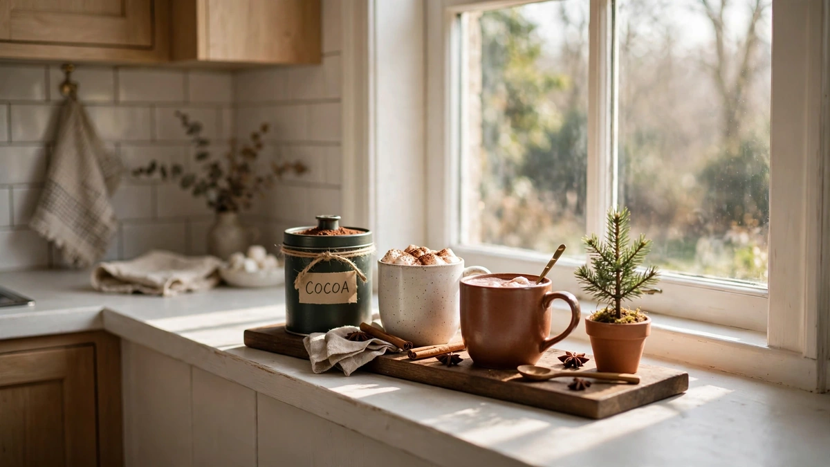 Narrow tray hot cocoa bar on a kitchen windowsill with a tiny potted pine in morning sunlight
