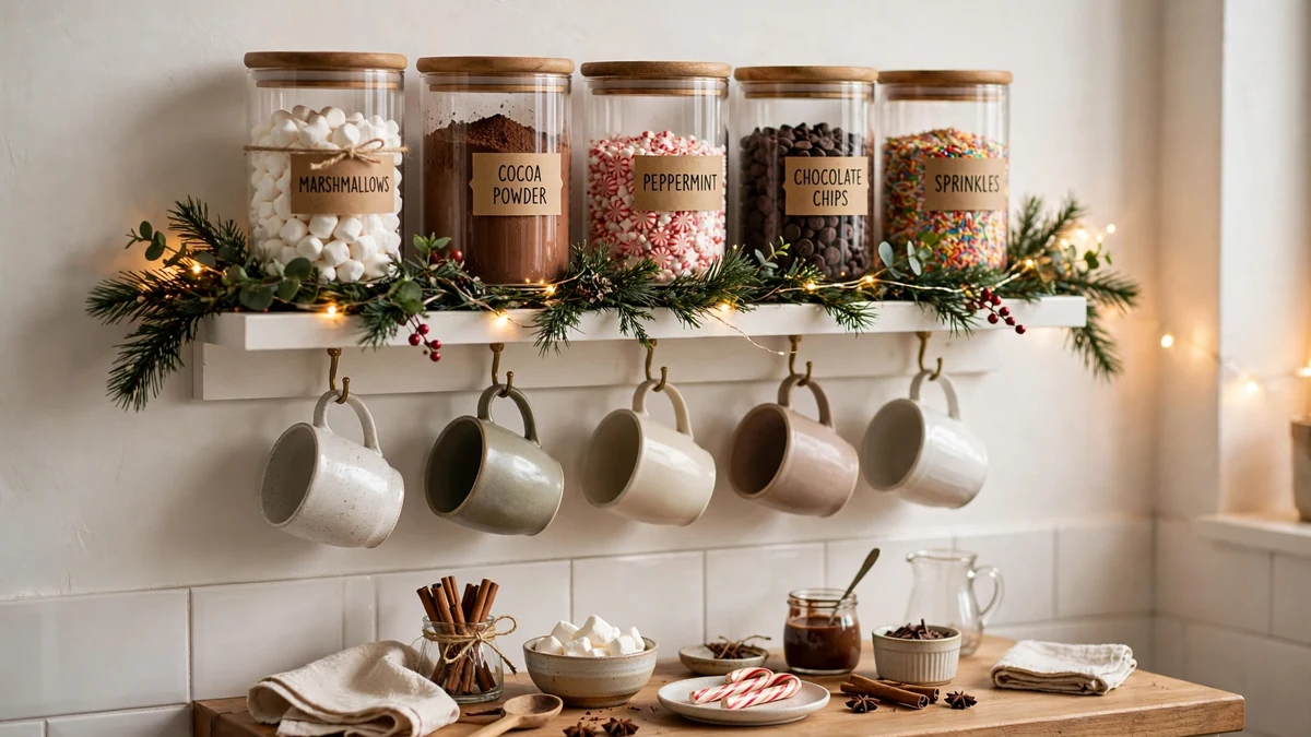 Wall shelf hot cocoa bar with glass canisters in a row and mugs hanging from hooks underneath
