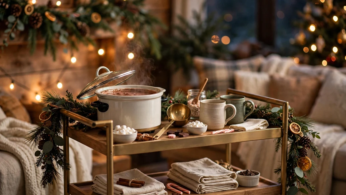 Small slow cooker hot cocoa station on a bar cart with mugs at a cozy Christmas gathering