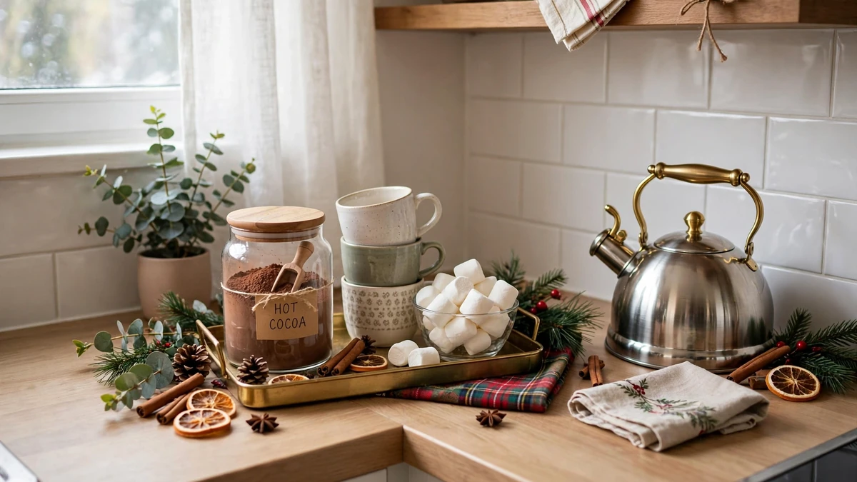 Compact hot cocoa bar in the corner of a small kitchen counter with a kettle and stacked mugs