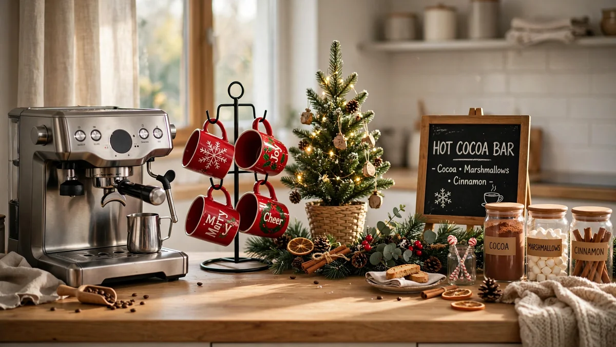 Christmas coffee bar decor ideas on a kitchen counter with a mug tree, mini tree, garland and chalkboard sign