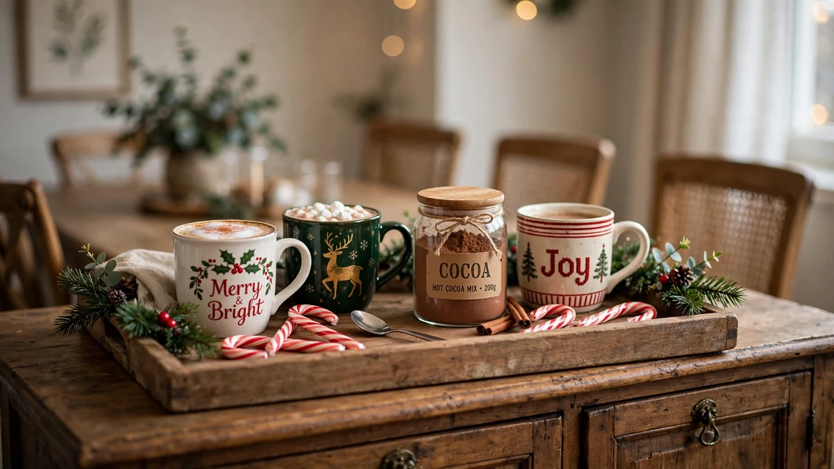 Tray-only christmas coffee bar decor on a sideboard with mugs, cocoa jar, candy canes and mini garland