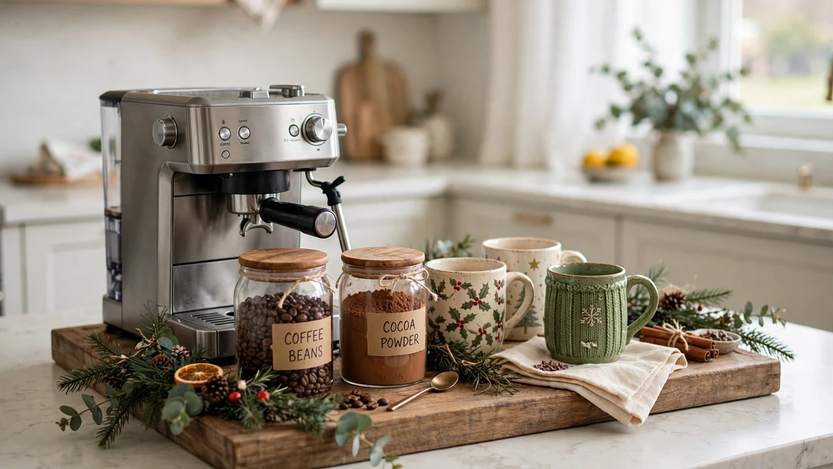 Coffee bar setup on a wooden tray with glass jars of beans and cocoa, christmas coffee bar decor basics