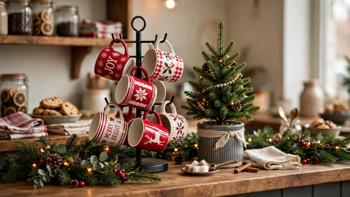 Mug tree with red Christmas mugs and a mini tree in a crock, classic christmas coffee bar decor
