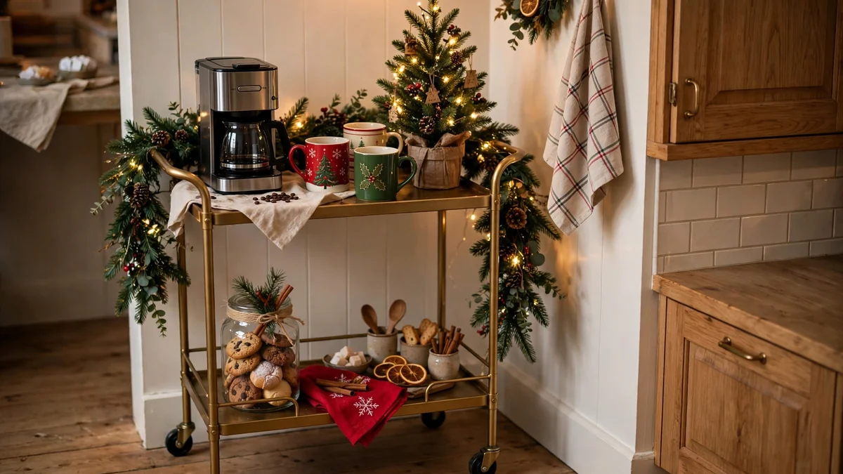 Bar cart converted into a christmas coffee bar with mugs, a mini tree and garland