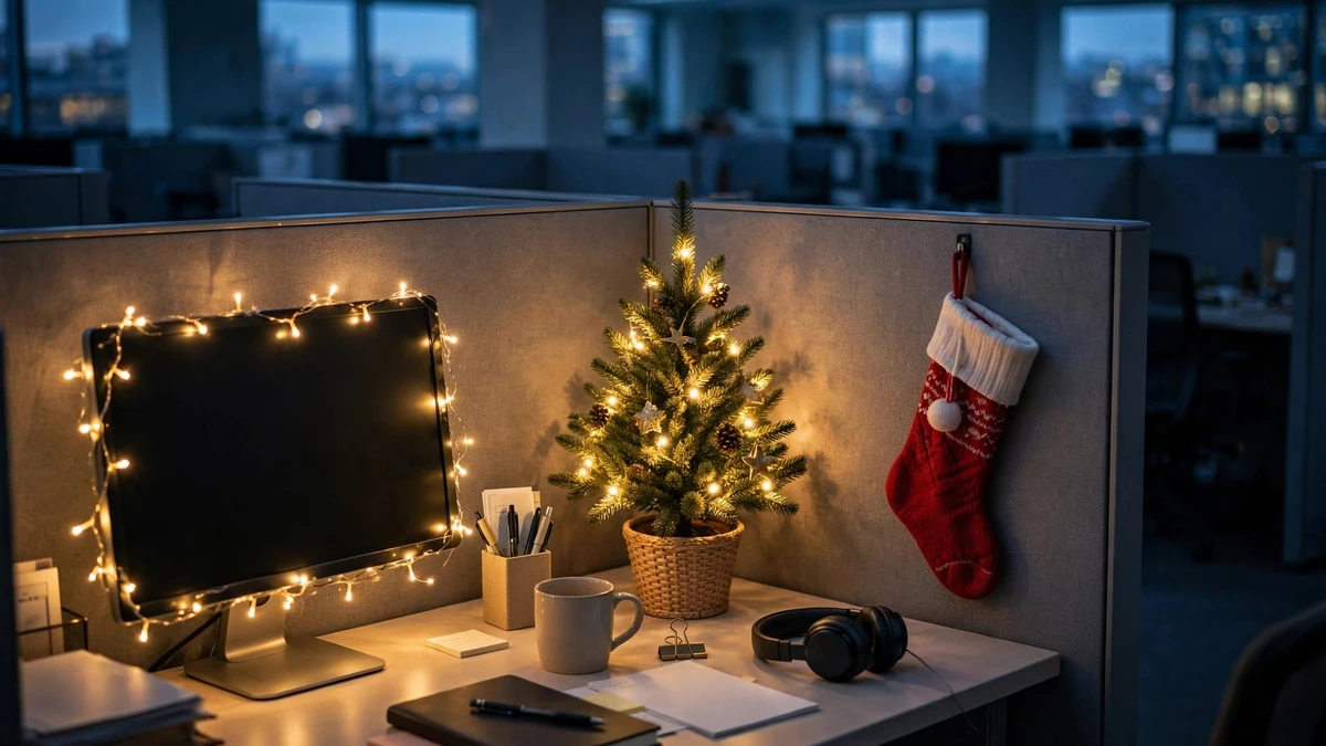 Cozy cubicle glowing with warm fairy lights at dusk, tidy desk with a mini tree and stocking after office hours