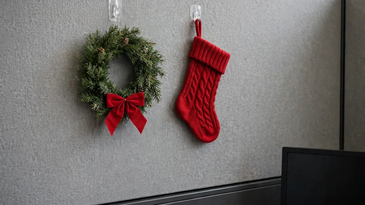 Small christmas wreath and a red stocking hanging from hooks on the inside wall of an office cubicle