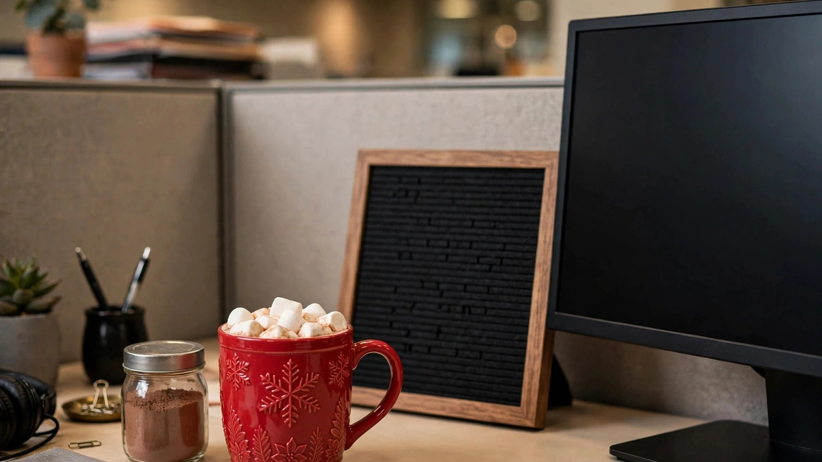 Office desk with a festive christmas mug, a jar of cocoa and a small felt letterboard with a holiday countdown message