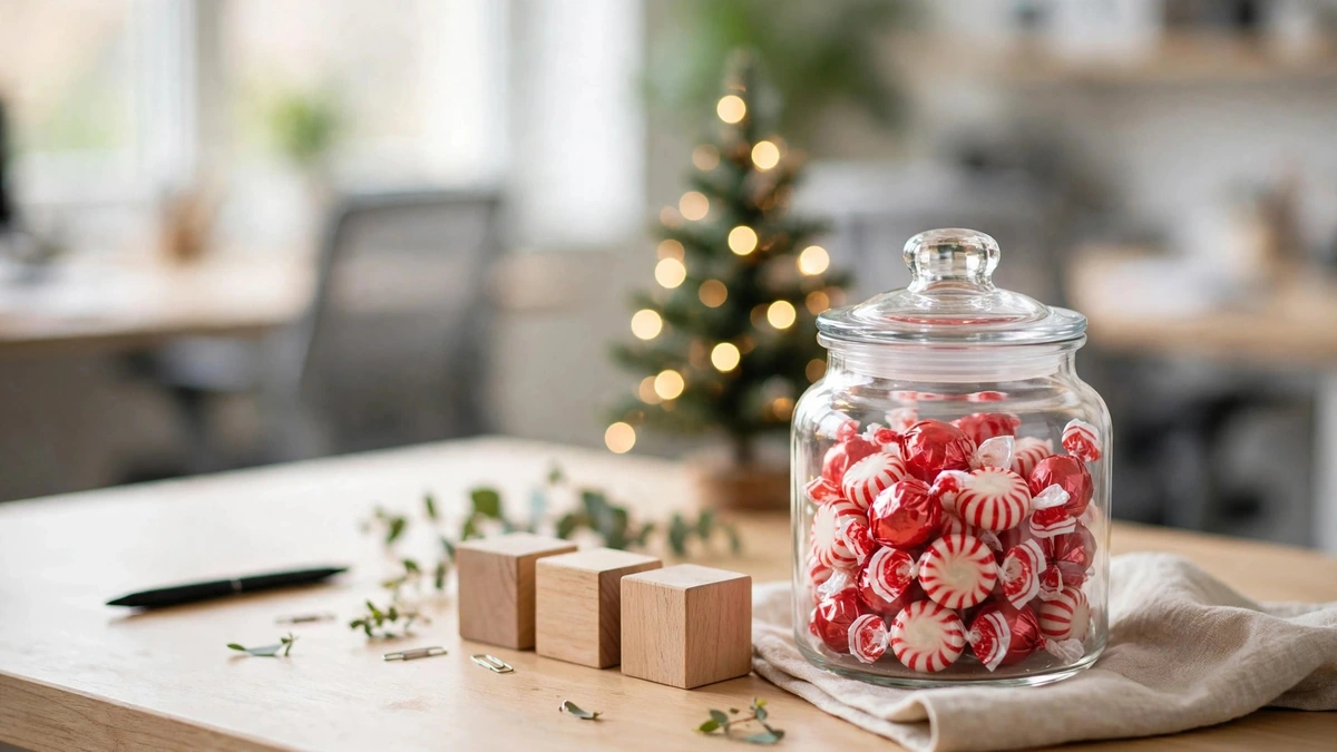 Wooden advent countdown blocks and a clear jar of wrapped sweets on the corner of a tidy office desk
