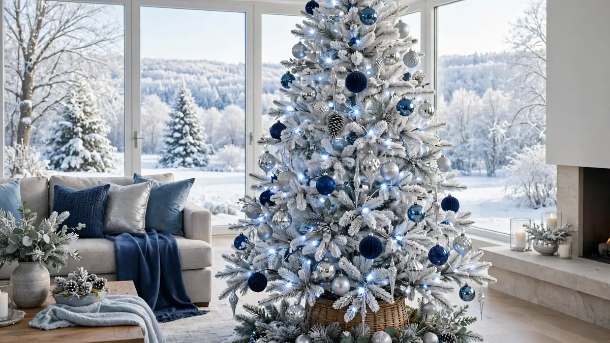 Blue and silver christmas tree ideas on a flocked tree with sapphire, navy and silver ornaments