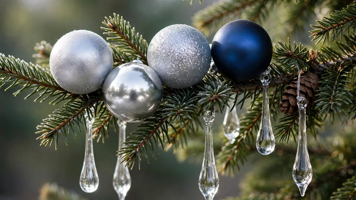 Close-up of a blue and silver Christmas tree showing matte, shiny and glitter silver ornaments mixed together