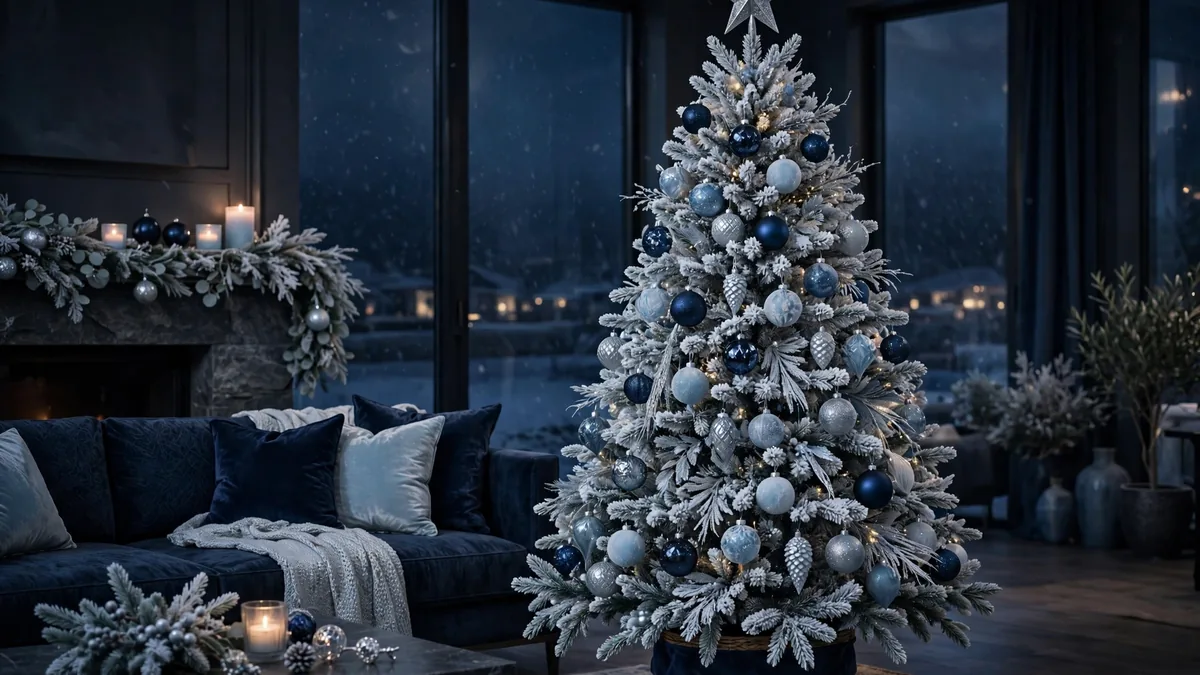 Flocked Christmas tree in a midnight frost theme with navy, silver and frosted blue ornaments