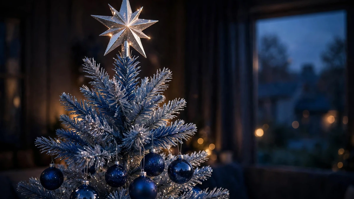 Blue and silver Christmas tree topper: a silver star with glitter sprays against a dark evening room
