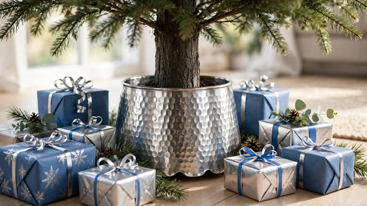 Christmas tree base with a hammered silver collar and wrapped gifts in blue and silver paper