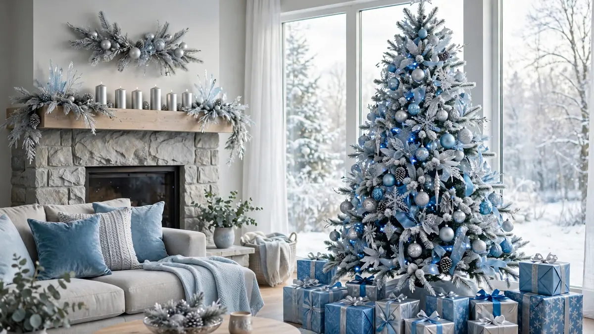 Living room with a blue and silver Christmas tree, silver candles on the mantel and gifts wrapped in blue and silver