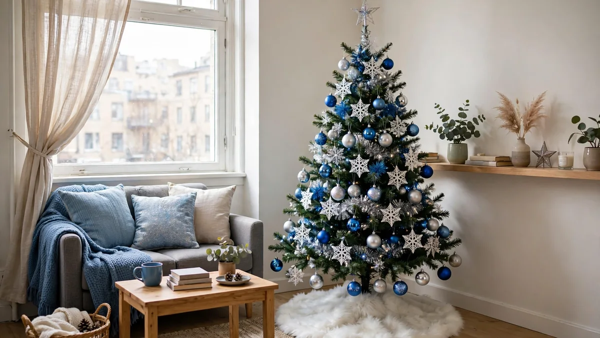 Small apartment Christmas tree in blue and silver with a white faux fur skirt and snowflake ornaments