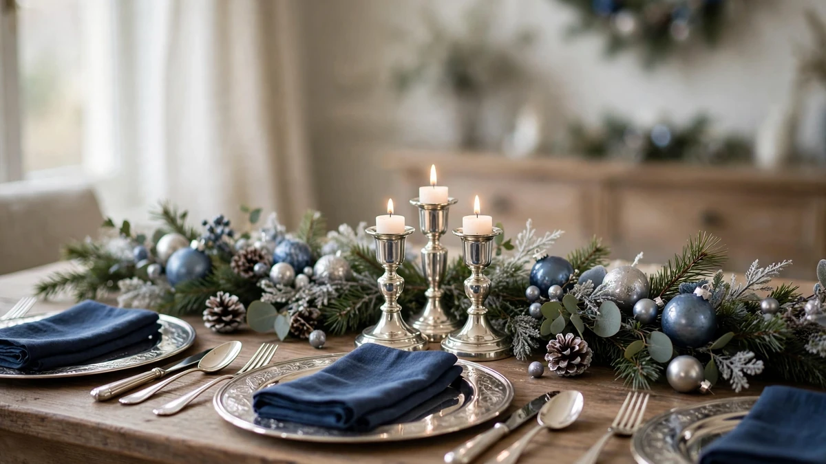 Blue and silver Christmas table setting with silver chargers, navy napkins and a small silver candle trio
