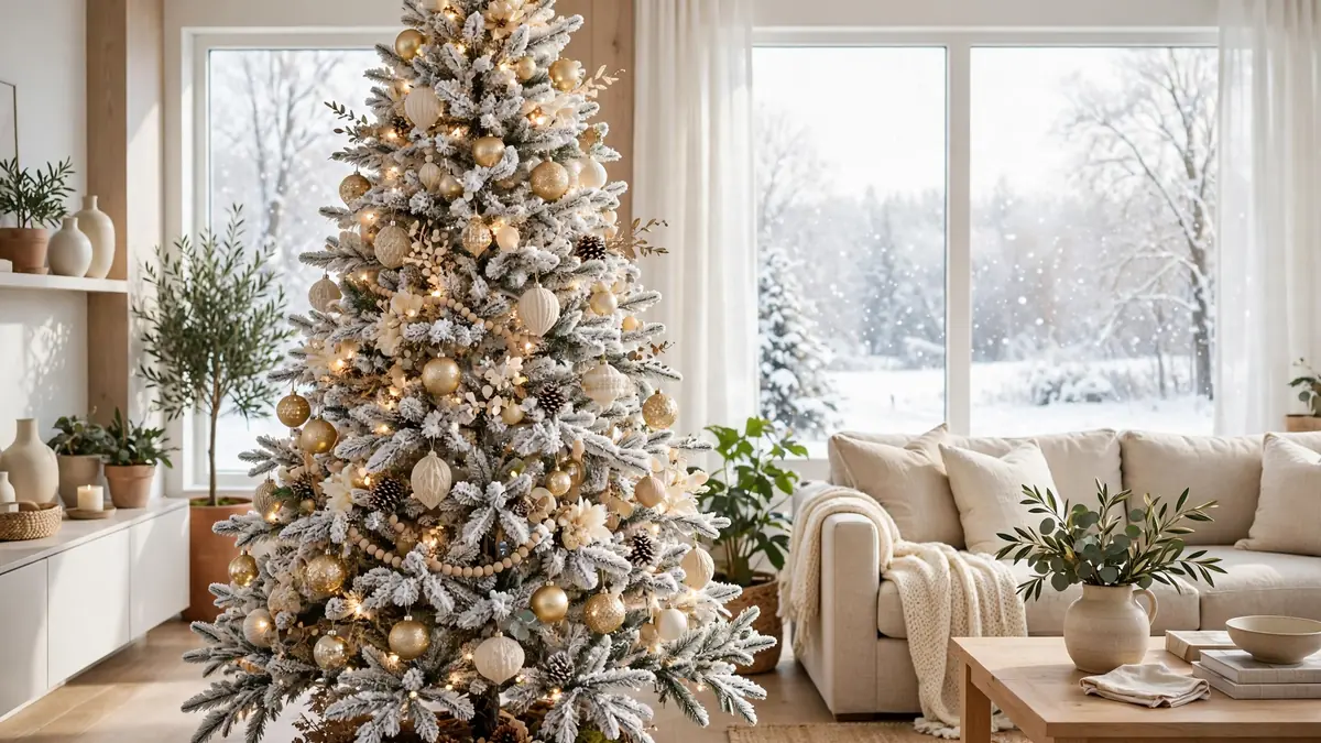 Flocked Christmas Tree Decorating Ideas: 21 Stunning, Proven Looks That Keep the Snow Showing 1 Flocked Christmas tree decorating ideas on a snowy tree with gold and cream ornaments in a bright living room