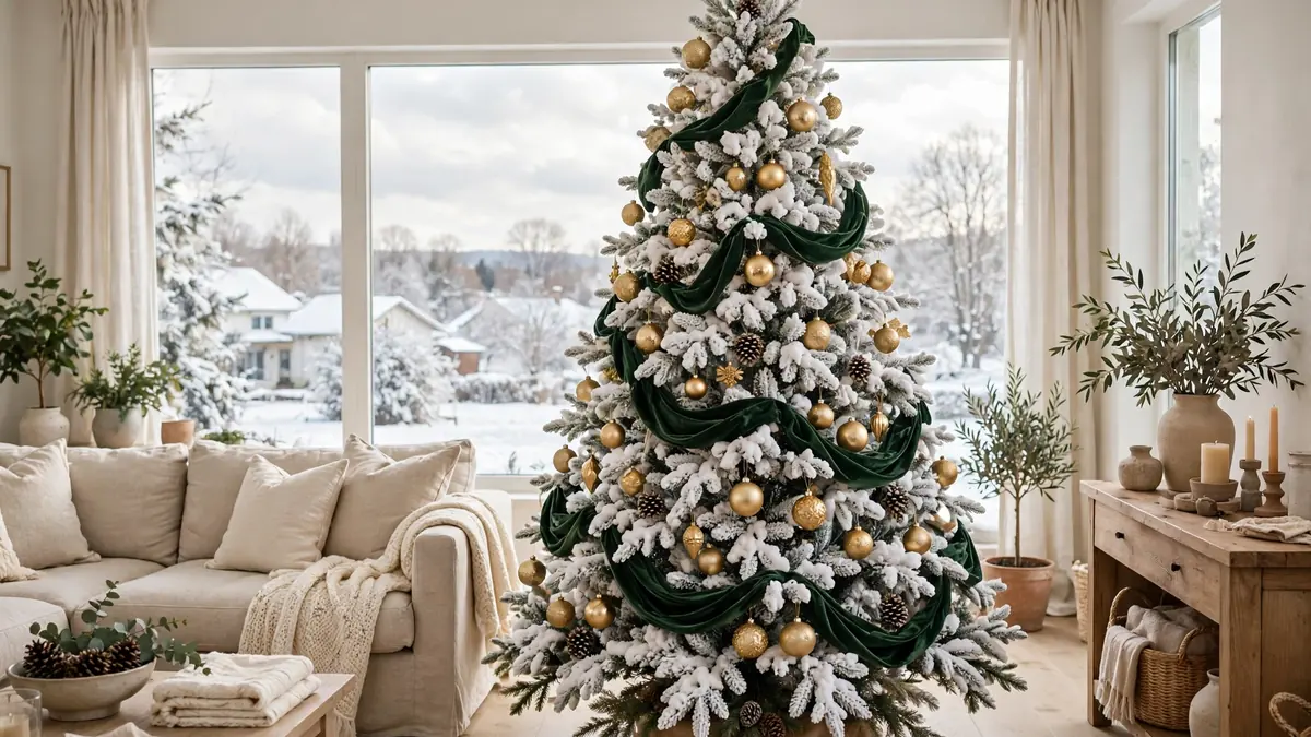 Flocked Christmas Tree Decorating Ideas: 21 Stunning, Proven Looks That Keep the Snow Showing 4 Velvet ribbon tucked in loose swags on a flocked Christmas tree with gold ornaments