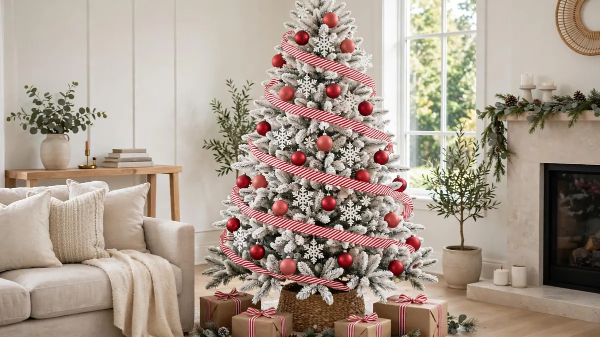 Flocked Christmas Tree Decorating Ideas: 21 Stunning, Proven Looks That Keep the Snow Showing 6 Flocked Christmas tree with classic matte red ornaments and white snowflake decorations