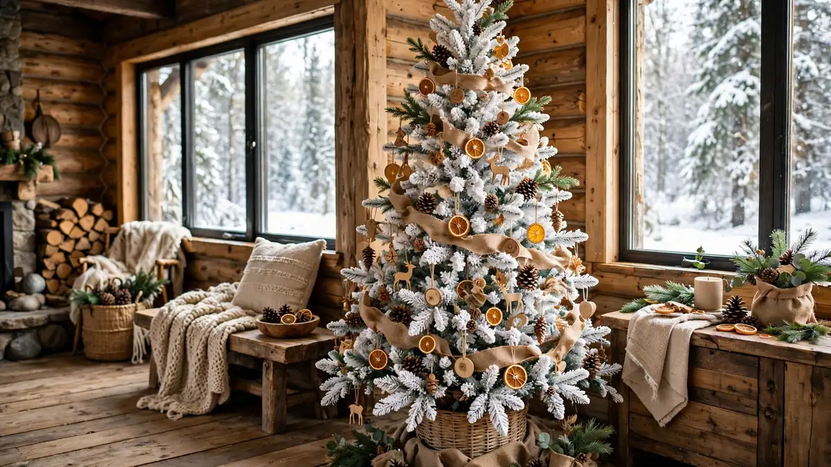 Flocked Christmas Tree Decorating Ideas: 21 Stunning, Proven Looks That Keep the Snow Showing 7 Flocked Christmas tree with pinecones, wooden ornaments and burlap ribbon in a woodland theme