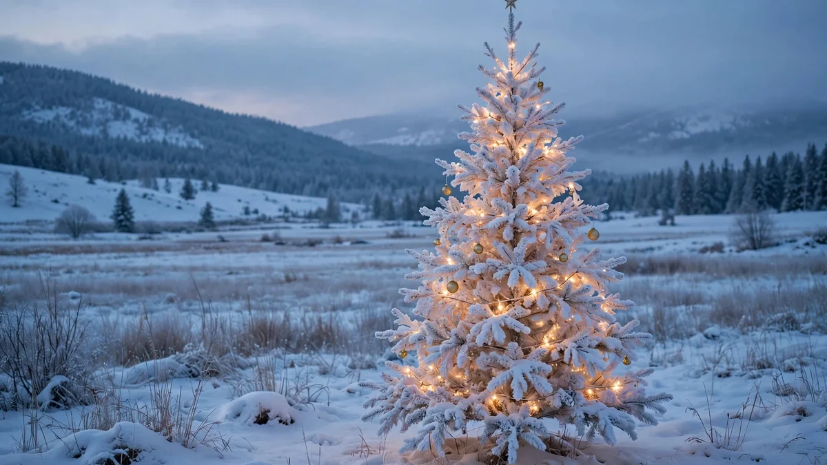 Flocked Christmas Tree Decorating Ideas: 21 Stunning, Proven Looks That Keep the Snow Showing 10 Minimal flocked Christmas tree with warm lights, a few gold ornaments and a star topper at dusk