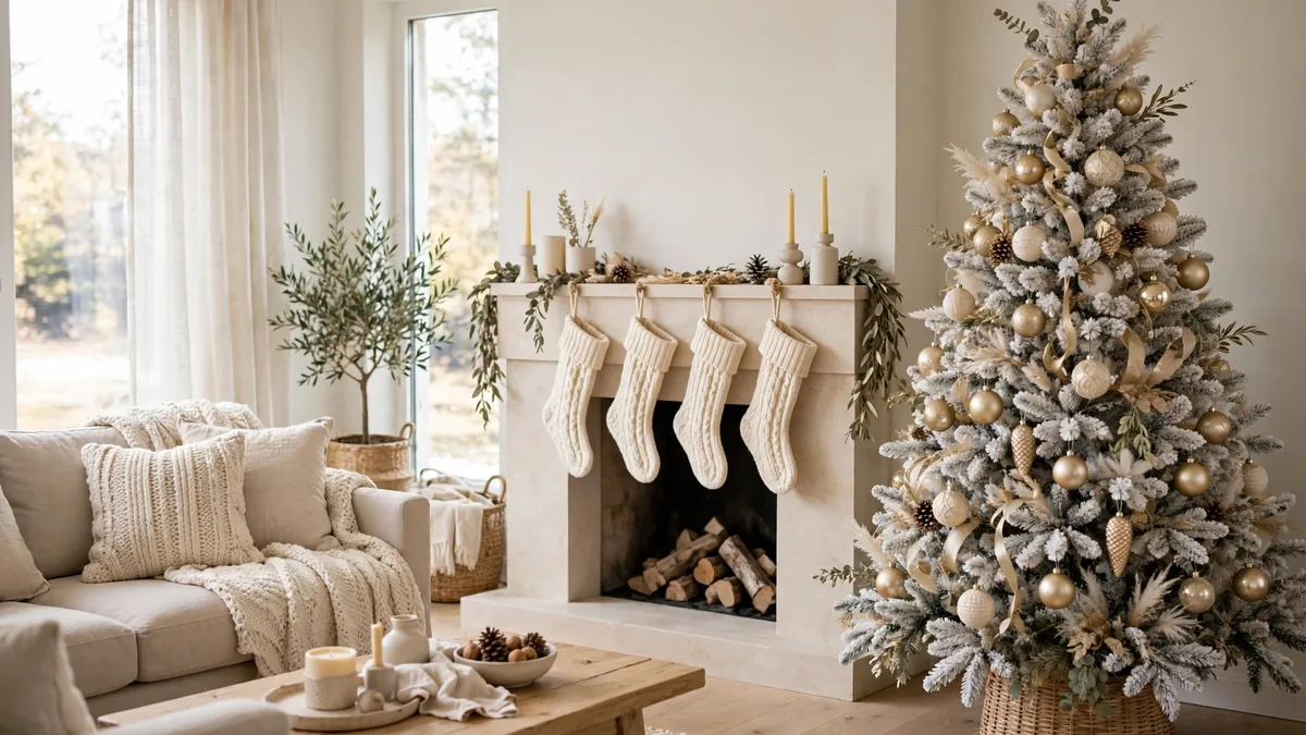 29 Best Neutral Christmas Decor Ideas for a Warm, Stunning Home 1 Neutral Christmas decor ideas in a bright living room with a flocked tree, cream stockings and gold ornaments