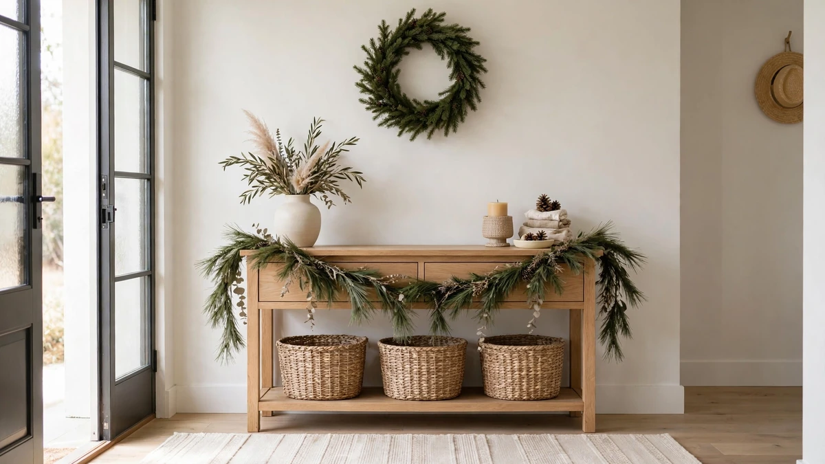 29 Best Neutral Christmas Decor Ideas for a Warm, Stunning Home 2 Neutral Christmas entryway with a cream runner, wooden console, pine garland and woven baskets