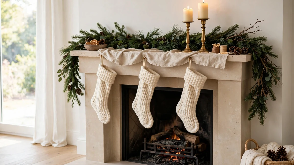 29 Best Neutral Christmas Decor Ideas for a Warm, Stunning Home 3 Neutral Christmas mantel with cream knit stockings, pine garland and brass candlesticks