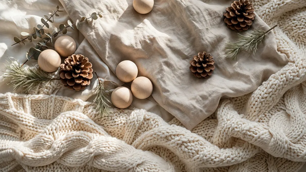 29 Best Neutral Christmas Decor Ideas for a Warm, Stunning Home 4 Close-up of neutral Christmas textures: chunky cream knit, natural linen and light wood ornaments
