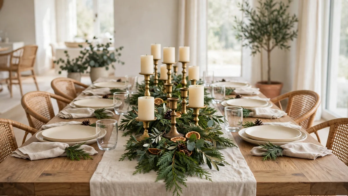 29 Best Neutral Christmas Decor Ideas for a Warm, Stunning Home 5 Neutral Christmas dining table with a linen runner, cedar garland, cream candles and brass candlesticks