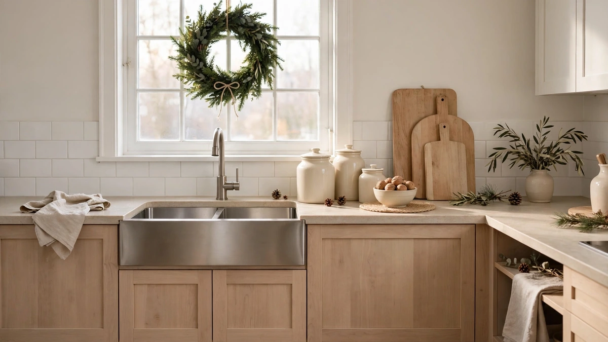 29 Best Neutral Christmas Decor Ideas for a Warm, Stunning Home 6 Neutral Christmas kitchen with a small wreath over the sink window, wooden boards and cream ceramics