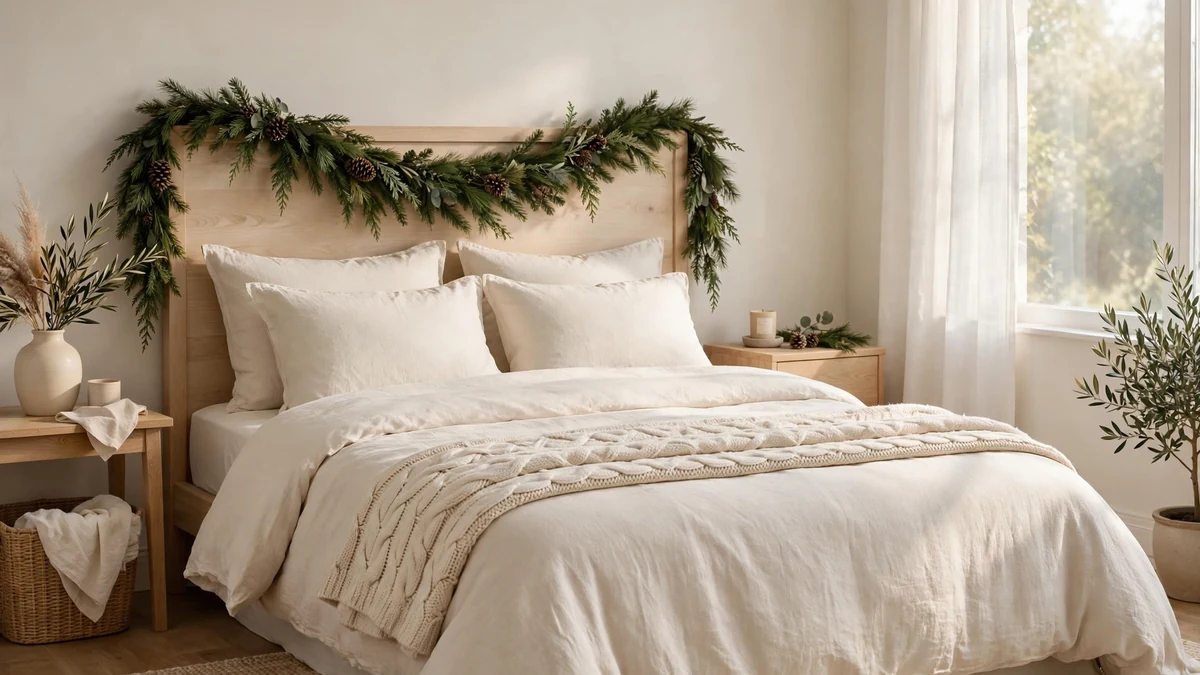 29 Best Neutral Christmas Decor Ideas for a Warm, Stunning Home 7 Neutral Christmas bedroom with cream bedding, a knit throw and a pine garland over the headboard