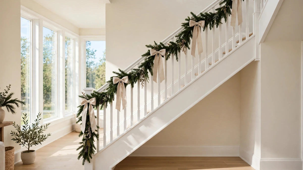29 Best Neutral Christmas Decor Ideas for a Warm, Stunning Home 8 Staircase decorated with a pine garland tied with wide natural linen ribbons