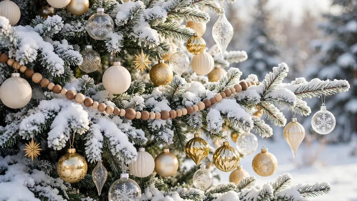 29 Best Neutral Christmas Decor Ideas for a Warm, Stunning Home 9 Flocked Christmas tree decorated with cream, gold and clear glass ornaments and a wooden bead garland