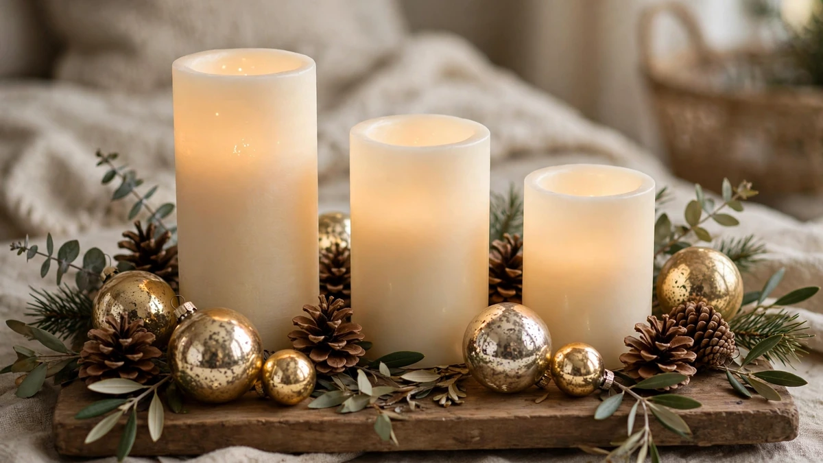 29 Best Neutral Christmas Decor Ideas for a Warm, Stunning Home 10 Neutral Christmas vignette with flameless candles, mercury glass and pinecones on a wooden tray